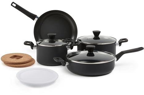 Amazon Basics Stackable Ceramic Non-Stick Cookware Pots and Pans Set, 10-Piece, Space Saving