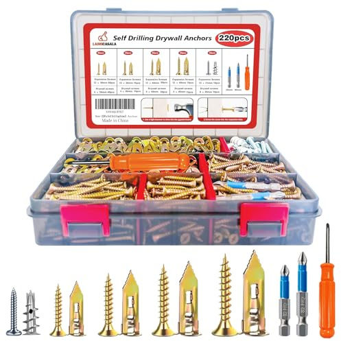 220PCS Self Drilling Drywall Anchors with Screws Kit,5-Sizes Metal Expansion Bolt for Dry Wall,110 PCS Sheetrock Anchors and 110 PCS Screws-No Drill Needed