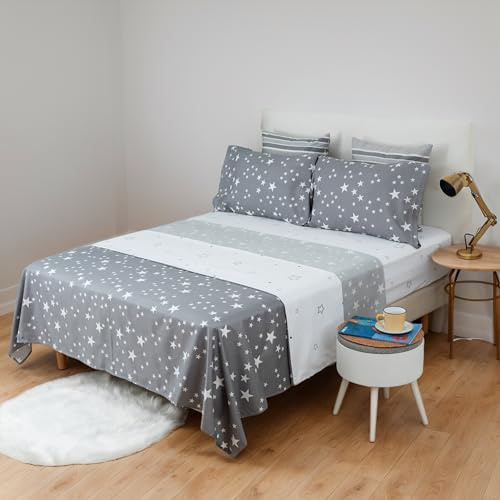 H HANSEL HOME Juego de Sábanas de Microfibra 4 Piezas para Cama 135cm Transpirable - Incluye 1 Encimera, 1 Bajera Ajustable y 2 Fundas de Almohada - Estrella Gris