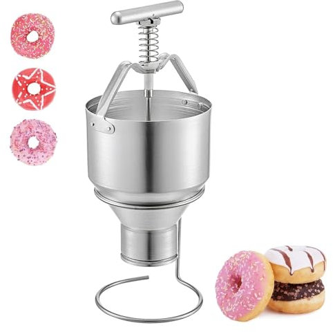 DOJBK Distributeur Manuel De Beignets 3 L, Moule À Beignets, Mini Distributeur De Pâte À Beignets en Acier Inoxydable, Trémie Compte-Gouttes avec Support, 6 Épaisseurs Réglables