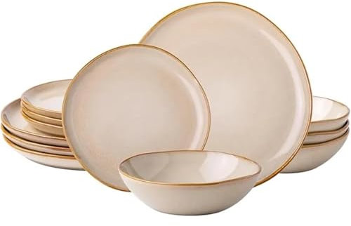Service De Table En CéRamique Ensembles de vaisselle en céramique, ensemble d'assiettes et de bols en glaçure réactive faits à la main, très résistants aux éclats et aux fissures For FêTe(Beige)