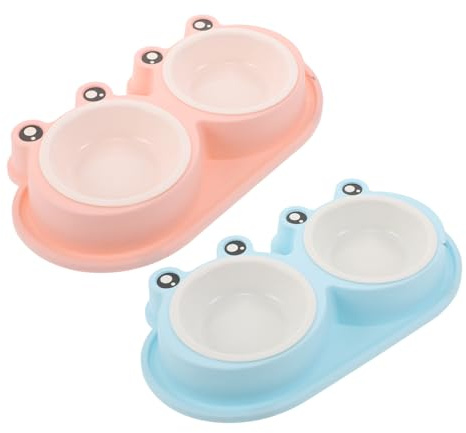 INOOMP 2 Sets Elevated Frog-shaped Double Pet Feeding Bowls with Non-skid Base Plastic Cat Food and Water Dish for Puppies Kittens - Outdoor Indoor Pet Feeding Plate Set