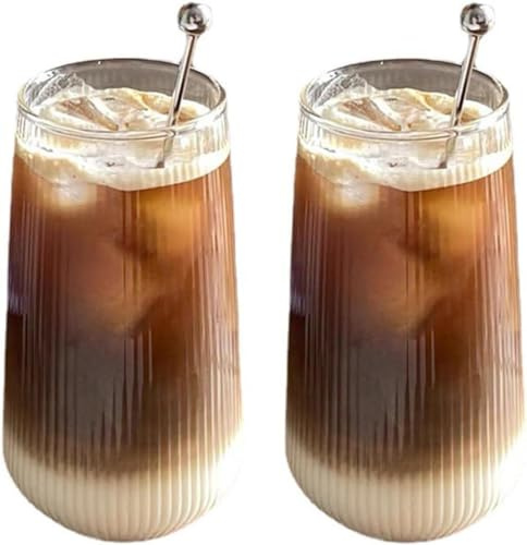 2er Set Latte Macchiato Gläser Cappuccino Kaffeegläser Teegläser Kristall Glas Eisbecher, Kaffeeglas Teegläser für Iced Americano,Milchshakes,EIS,Eistee,Milch,Saft,Bier-500ml (Vertikale Streifen)