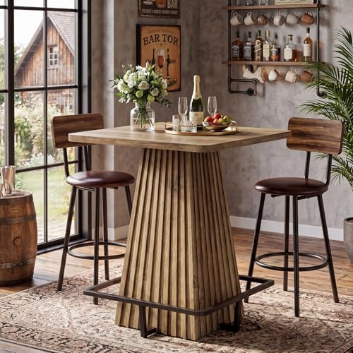 Tribesigns 37.4 H Square Bar Table, Kitchen Dining Table, Farmhouse Counter Height Pub Cocktail Tables with Metal Footrest for Home Bar, Tavern, Coffee Corner, Brown