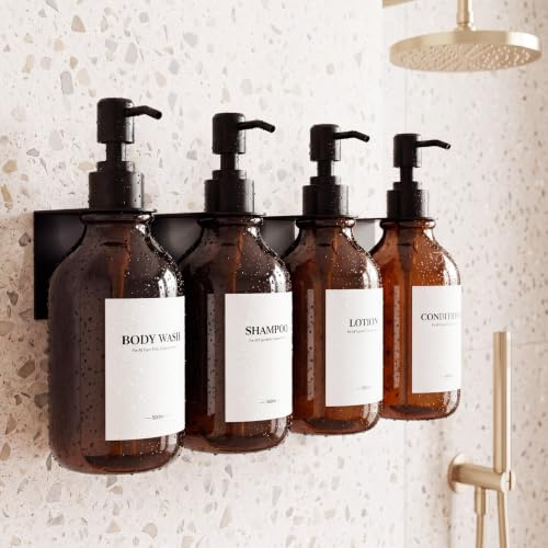 Seifenspender Wandbefestigung Ohne Bohren, 4er Set 500ml Braun Schampoospender Dusche mit Trichter und Dreidimensional Wasserdichten Etiketten für Küche Bad