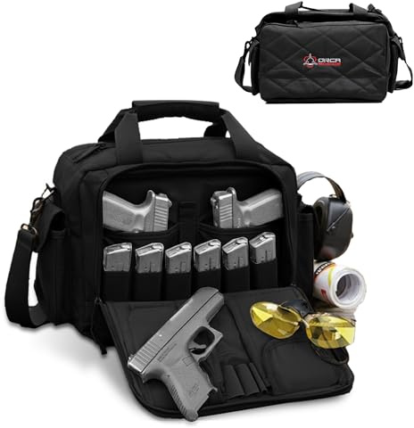 Gun Range Bags for Handguns and Ammo – Tactical Shooting Bag can Fits 3+ Pistols – Compact Gun Carrying Case with Durable Double Stitching Lockable YKK Zippers, Magazine Storage & Shoulder Strap