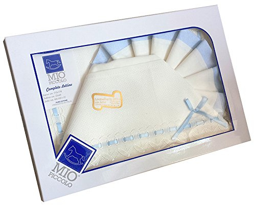 composè 3 pz lettino da ricamare con inserti in san gallo fondo panna (celeste)