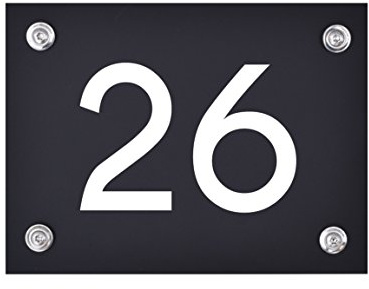 Hausnummer Schild 26 aus Acryl, Hausnummernschild in schwarz | Hochwertiges, wetterfestes Hausnummern-Schild in weißer Schrift inkl. Befestigungszubehör, rostfrei und UV-beständig