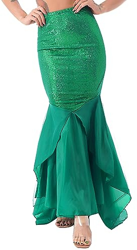 Freebily Damen Meerjungfrau Schwanz Kostüm Rock Mermaid Tail Pailletten Röcke Maxirock Festlich Bodenlang für Karneval Fasching Halloween Party