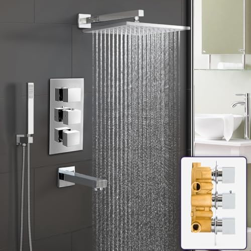 Nes Home | Lily Chrome Square 3 Way Concealed Thermostatic Shower Mixer Set - Shower Head, Handset & Bath Filler Spout