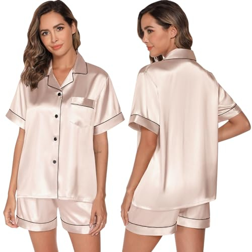 GAESHOW Conjunto de pijama para mujer, pijama de satén de seda para novia, conjunto de pijama con botones, ropa de dormir S-2XL, champán, XL