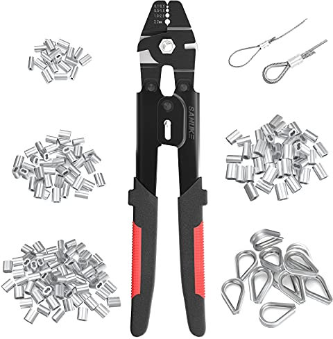 Sanuke Wire Rope Crimping Tool Kit for Aluminum Crimping Loop Sleeves up to 2.0mm, Swager Tool for 3/64 1/16 5/64 inch Stainless Steel Cable Crimper, with 140pcs Sleeves and 10pcs Thimbles
