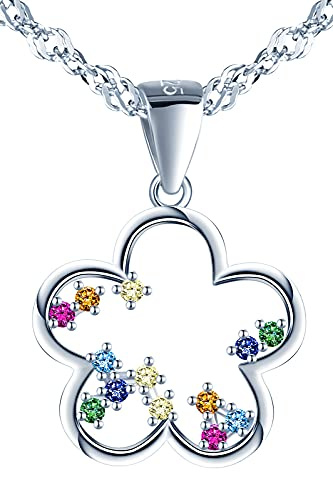 MicVivien Damen Halskette Silber 925 Blumen/Rund Anhänger mit Regenbogen Zirkonia Halsschmuck mit Singapurkette 45cm für Mama Oma Frauen Freundin