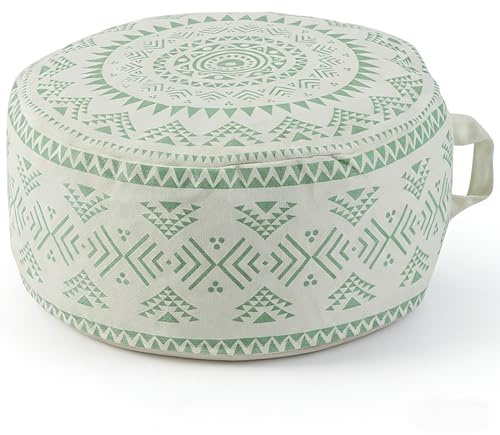 MOCOFO Ungefüllte runde Hockerabdeckungen Boho Bunte geometrische osmanische Hockerabdeckung mit Griffdesign, Dekoration Fußschemel für Wohnzimmer, Schlafzimmer, Terrasse (hellgrün, 45x45x20cm)