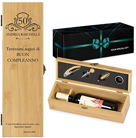 Maverton Cofanetto Porta Vino Amore Completo di Accessori, Set Cavatappi da | Vino Personalizzato, Scatola in legno di bambù + 4 pezzi di Accessori Vino, regalo uomo, regalo di Natale, Compleanno