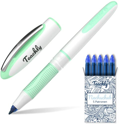 Teachly Superstudent Tintenroller - Nachfüllbarer Stift für Uni, Schule & Büro (Mint) - Inkl. 7 Tintenpatronen (Blau)