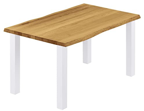 LAMO Manufaktur Esstisch Küchentisch Schreibtisch Couchtisch aus Massivholz, mit Baumkante 140x80x76 cm (AxBxH), Classic, Rustikal/Weiss, LAB-01-A-003-9016Cl