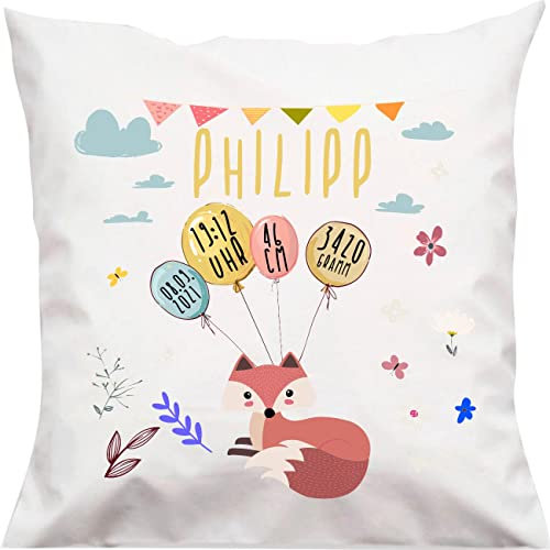 Kleckerliese Kinder Kissen Fuchs mit Datum Uhrzeit Gewicht Balon Regenbogen Kissenbezug Weiss Kissenhülle 40x40 cm