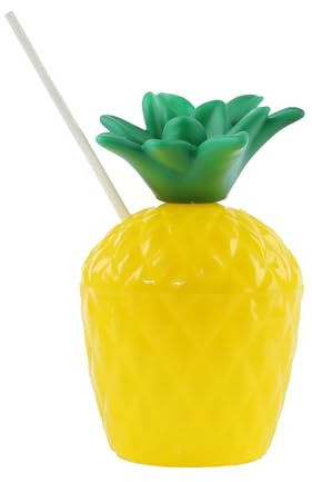 Taza de piña con pajita, paquete de 1 taza de piña amarilla con tallo verde adjunto y popote de papel, taza de fiesta tropical de verano