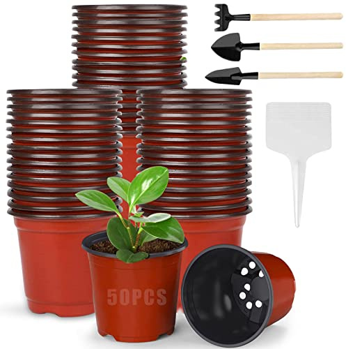 Qunkun Mjuk plastkruka, 50 stycken växtkrukor, 15 cm odlingskrukor, rund plast, odling små odlingskrukor, plastblomkruka med kratta, spade, 10 plantetiketter för plantor och sticklingar