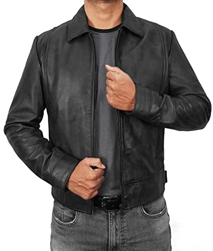 LP-FACON Chaqueta de cuero marrón para hombre, chaqueta de piel de cordero real marrón vintage para hombre, Negro, M