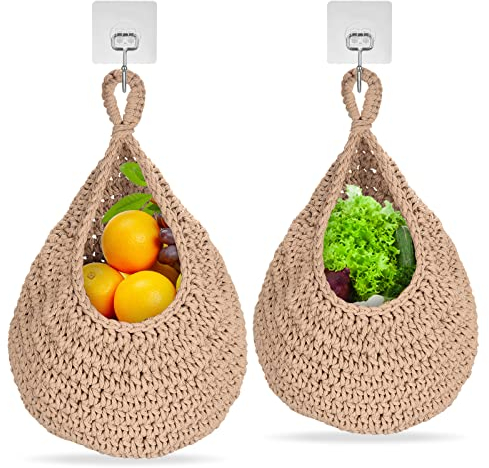 Hanging Fruit Basket, 2 PCS Hanging Wall Basket Teardrop Hanging Baskets, Hand Woven Wall Mounted Vegetable and Fruit Basket, Plant Woven Storage Basket for Kitchen Decoration, Living Room,Porch