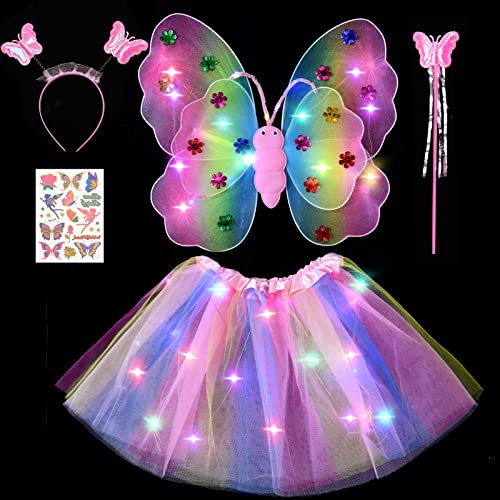 Tacobear Déguisement Fée Lumineux Ailes de Fée Enfant LED Tutu Jupe Tulle Fille Ailes de Papillon Serre-tête Baguette Magique Tatouage Costume Fée Anniversaire Halloween Carnaval Noël Cosplay (Coloré)