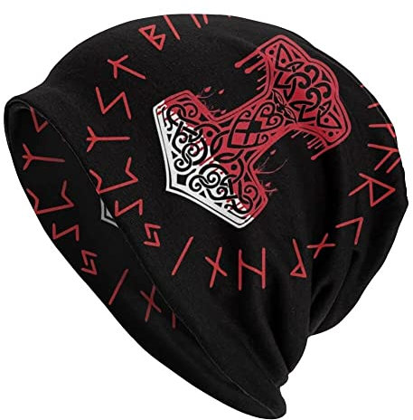 Wikinger Bedruckte Thors Hammer Beanie Mütze - Männer Frauen Verstellbare Doppelschicht Skullies Dünne Haubenkappen - Nordischer Pirat Mittelalterliche Hip Hop Mode Lässige Kopftücher