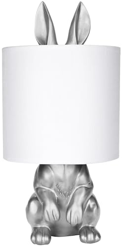 BRUBAKER Tisch- oder Nachttischlampe Goldener Hase - Tischleuchte mit Keramikfuß und Stoffschirm - 42 cm Höhe, Weiß Silber