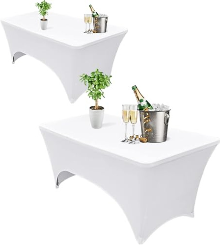 Bea's Party Copritavolo elasticizzato rettangolare, tovaglia con elastico antirughe, tovaglie bianche catering, copritavolo elasticizzato per tavolo pieghevole 183cm, tovaglia bianca tessuto (Pack 2)