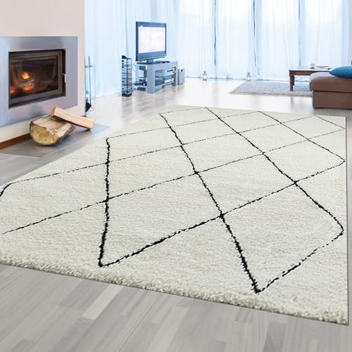 Teppich-Traum Hochflor Teppich Nordische Rauten Weiß Schwarz 140x200 cm | Weich und pflegeleicht, strapazierfähig, seitlich gekettelt und OEKO-TEX geprüft, für Wohnzimmer & Schlafzimmer