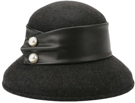 Fedoras Winterhut für Damen, mit Knopfleiste, PU-Band, Wolle, warmer Filz, Schlapphut, breite Krempe, Kleid, formeller Kirchenhut, Schwarz , Einheitsgröße
