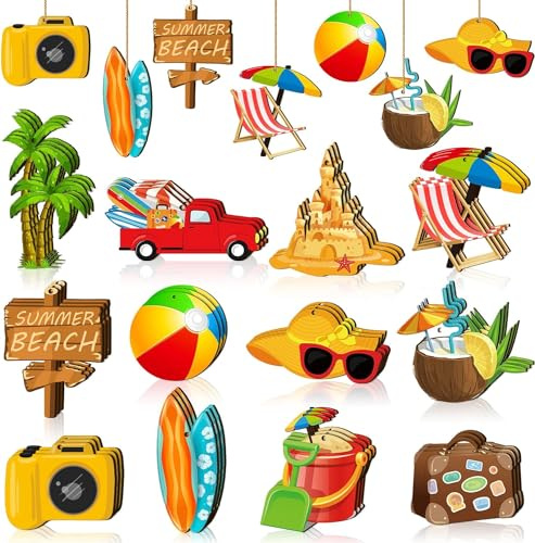 Sommer Holz Hängende Ornamente, 36pcs Baumschmuck Sommer, Hängedeko Holz Sommer, Strand Deko Hawaii, Hawaii Deko Holz, mit Seil, Perfekt für Sommerliche Hawaii-Tropenpartys(Strand)