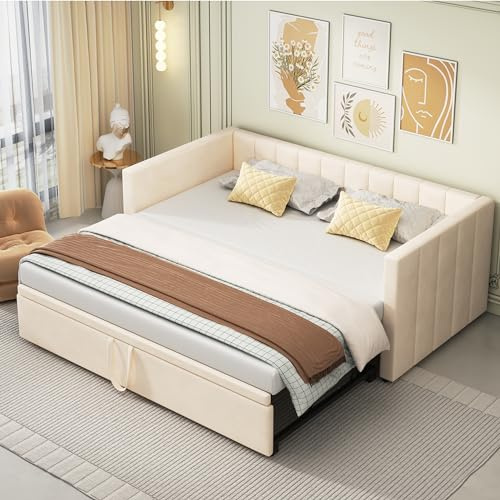 YESGIGA Polsterbett Ausziehbares Schlafsofa 90/180x200 cm mit Lattenrosten, Multifunktionsbett aus hautfreundlichem Samtstoff (Beige)