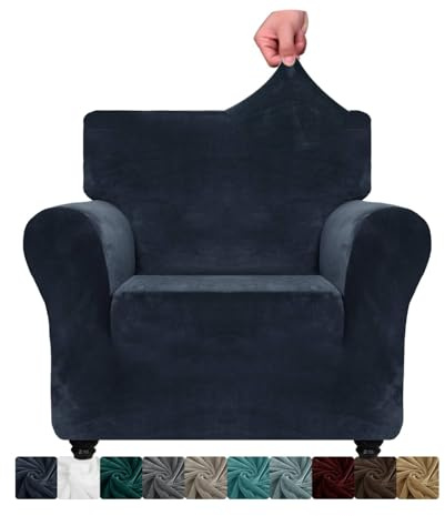CHELZEN Samt Stuhlabdeckungen für Sessel 1 Sitzer Dicke Stretch Couchbezüge für Hunde Haustiere rutschfeste Stuhlabdeckung mit Armmöbeln Schutz für Wohnzimmer (1 Sitzer, Navy Blau)