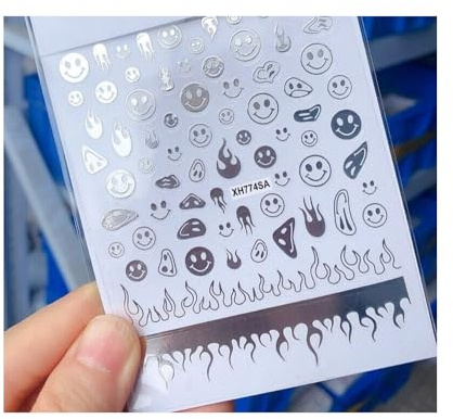 Generic Happy Emoticons Fire Flame Flowers Nail Decal Sticker Xh774Sa Silver Nail Wraps Art Stickers Manicure Supplies for Women for Home Nails Full Long Lasting Easy Apply and Remove