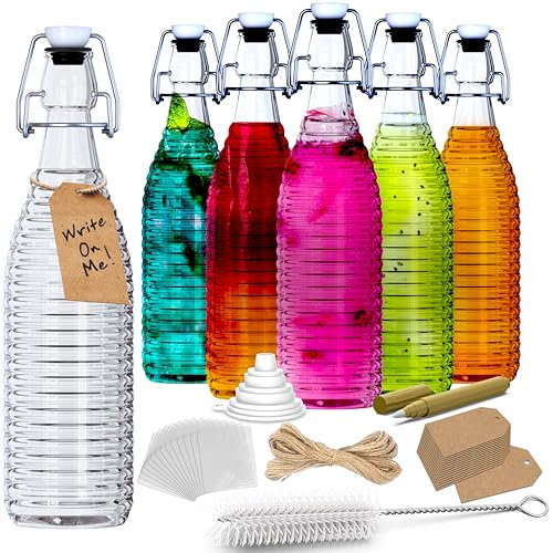 Nevlers 6PK 33oz Ringed Swing Top Glass Bottles with Lids | Clear Glass Bottles with Airtight Lid for Use as Kombucha Bottles, Mead Bottles or Beer Bottles for Home Brewing | Glass Flip Top Bottles