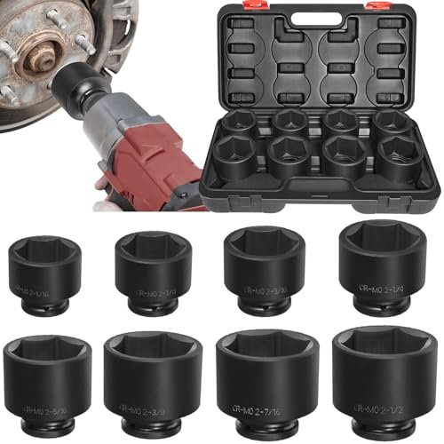 3/4'' Drive Spindle Axle Nut Impact Socket Set, 8 Pack Large Impact Socket Set, Axle Nut Socket Set, 6 Point SAE Size 2-1/16 to 2-1/2, For Wheel Hub Axle Nut Removal and Installation