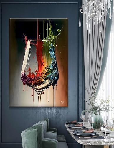 Stampa di pittura di calici da vino colorati | Stampe artistiche su tela | Regalo per gli amanti del vino | Decorazione murale astratta con vino, arte da cucina 50x70 cm (20x28 pollici) con cornice