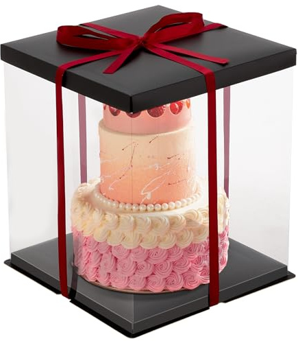 Warmiehomy Clear Cake Box, 22x22x32CM for 6 Inch Tall Cake Box, Transparent Cake gift Boxes with Lid & Ribbon, Plastic Large Cake Gift Packaging Boxes for Birthday Wedding Christmas Party
