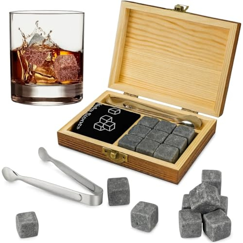 NOVAEASE Premium Whiskey Stones Wooden Box Gift Set | Keep Drinks Cold Whiskey Scotch Soft Drinks Chilled Birthday Gifts for Men, Father | 9PCS Whiskey, Included Wooden Box & Tongs