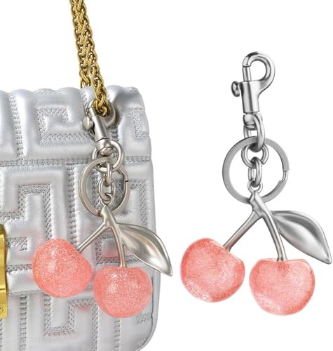 TOFBS Schlüsselanhänger Anhänger Legierung Harz Auto Taschenanhänger Kirsche Metall Hängende Ornamente für Beste Freundin (Rosa+Silber)