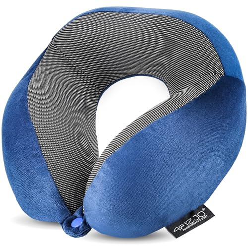 4FIZJO Nackenkissen mit extra seitlicher Stütze, Reisekissen für Flugzeug, Auto, Bus aus Memoryfoam, Strandkissen mit weichem Velours und Baumwolle bezogen, Nackenhörnchen mit Klickverschluss, Blau