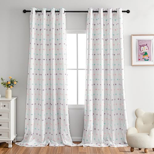 MYSKY HOME Cortina opaca para habitación infantil y niña, con pompones de colores, cortinas opacas con gasa, cortinas térmicas de doble capa, protección contra el frío, juego de 2 unidades, 245 x 140