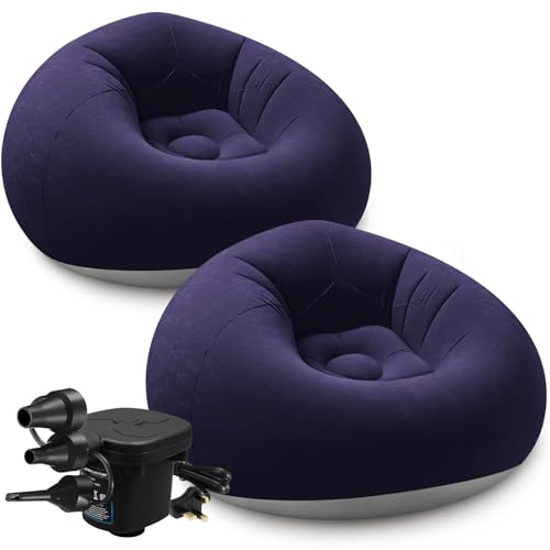 MSYU Inflatable Bean Bag Chairs with Electric Air Pump, 2 Pcs Portable Blow Up Sofa for Adults, Comfortable Lazy Couch for Camping, Gaming, Reading & Living Room, Flocked PVC Material (Dark Blue)