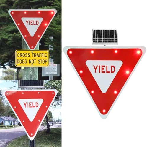 HLHGSFSRV Segnale di precedenza Alimentato ad energia Solare, Segnale Stradale di precedenza Triangolare in Alluminio Segnale di Pericolo Stradale Illuminato a LED Lampeggiante, 28