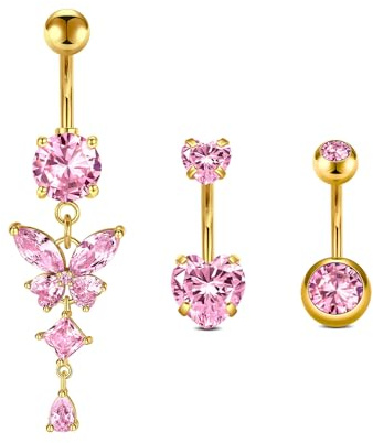 Briana Williams 3pcs 14G Belly Button Bar Ring Gold Stainless Steel Navel Piercing 10mm Pink Butterfly Heart CZ Belly Jewelry for girl women