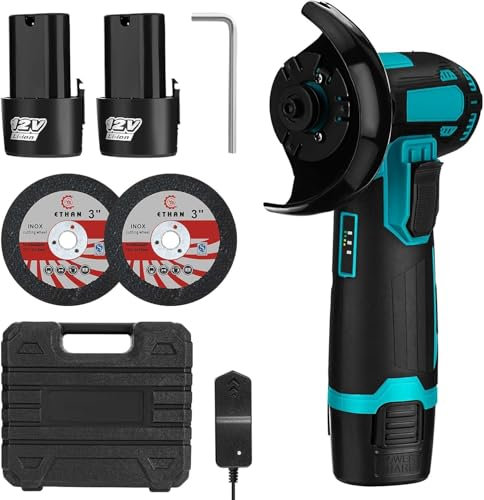 Ertisa Mini Smerigliatrice Angolare, Smerigliatrice Angolare Portatile a Batteria da 12 V con 2 Batterie da 1,3Ah Dischi abrasivi da 2x75 mm 1 Chiave e Caricatore per Taglio Smerigliatura Lucidatura