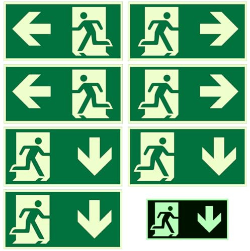 7 Pezzi Cartello Uscita di Emergenza, Pellicola Riflettente in Polietilene, “Sinistra”, “Destra” e “Giù”, Design Autoadesivo, Non Richiede Foratura, Adatto per Hotel, Scuole (Verde)