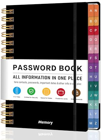Spiral Password Book with Alphabetical Tabs - 5.8 X 8.2 Small Password Keeper Book with Inner Pocket for Seniors , Large Print, Hardcover, 450 Logins – Internet Password Organizer Notebook for Home & Office Use